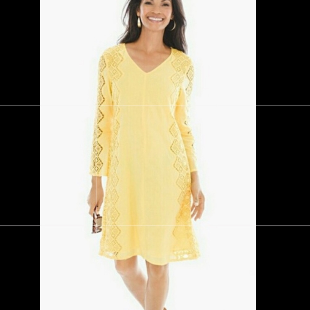 CHICO’S Side Lace Summer Yellow Cotton Swing Dress